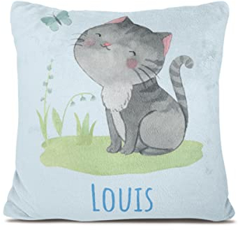 Personalisiertes Babykissen mit Tierdruck – weiches Fleecekissen mit Namen und Datum zur Taufe oder Geburt – Babygeschenk oder Geburtskissen - Kinder Kissenbezug - Kopfkissenbezug (Katze)