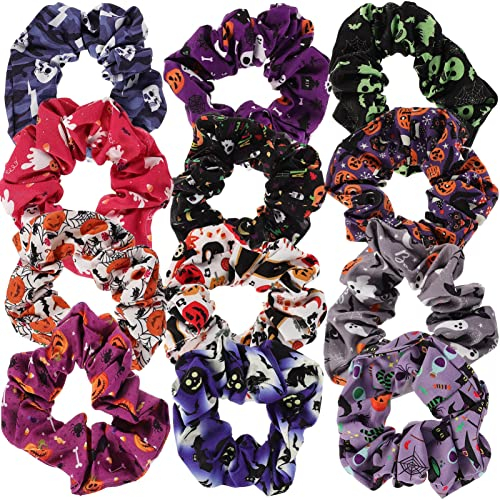 FRCOLOR Halloween Haargummis 12 Stück Elastische Haarbänder Mädchen Haarschmuck Gemischte Stile Stoff Haargummi für Frauen und Mädchen für Partys Alltag und Halloween