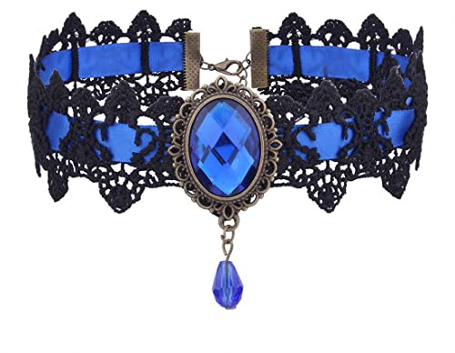 Prosy Schwarz Spitze Halsketten Gothic Spitze Choker Kristall Anhänger Halloween Cosplay Party Diamant Halskette Schmuck für Frauen und Mädchen (Blau)