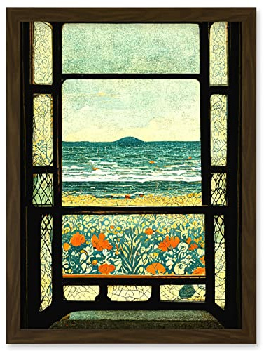 Doppelganger33 LTD A Sea View Seaside Beach Flowers William Morris Artwork Framed Wall Art Print A4