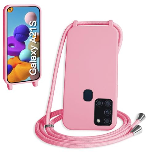 WenBaby Handykette für Samsung Galaxy A21S Hülle mit Band,Handyhülle mit Schnur zum Umhängen Silikon Seil Necklace Schutzhülle mit Kordel Tasche Case TPU Bumper für Galaxy A21S- Rosa