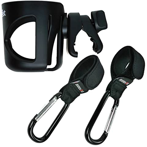 Spar Set - Babies1st Getränkehalter Kinderwagen, Schraubklemme mit Anti-Rutsch Einsatz + Kinderwagen Haken aus Aluminum mit Klettband aus Polyester (2 St.)