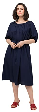 Ulla Popken Damen Midikleid, Bindegürtel, Rundhals, Ballon-Halbarm Kleid, stahlblau, 50-52