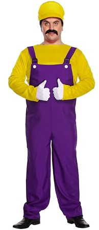 HENBRANDT Adult Men’s Yellow Bad Plumber Fancy Dress Costume XL Retro 1980s Videogame Yellow + Purple Overalls Moustache Brothers Workman Dress Up Outfit One Size Extra Large