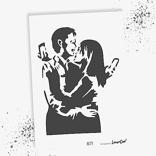 LaserCad Schablonen BANKSY Streetart (B071, Mobile Lovers, DIN A6) Stencil für Graffiti, Airbrush, Kunst, Deko, zum Malen