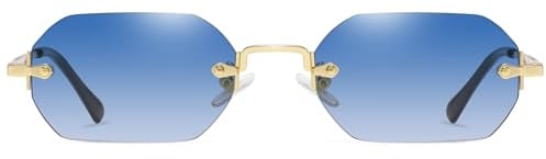 Ggpyyon Retro Rechteck Rahmenlose Sonnenbrille für Damen Herren Trendy Metall Gold Polygon Randlose Sonnenbrille(Gold/Farbverlauf Blau)