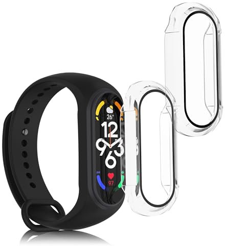 kwmobile Carcasa Compatible con Xiaomi Mi Band 7 Funda - 2X Protector Pantalla Completo de Cristal Templado - Ultrafino y antigolpes - Transparente