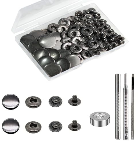 BetterJonny 24 Sets Heavy Duty Leather Snap Fasteners Kit, 20mm Metal Snap Buttons Press Studs Leather Rivets Snaps with 4 Setter Tools for Clothes Bracelet Jackets Jeans Gun Black