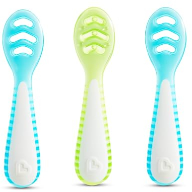 Munchkin Gentle Dip Multistage First Spoons for Babies 4+ Months - 3 Pack, idéal pour le Baby-Led Weaning, design ergonomique, sans BPA, Blue/Green
