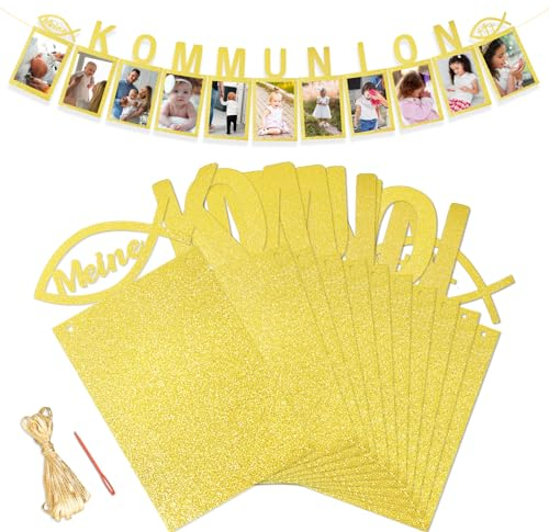 COLOFALLA Meine Kommunion Girlande Glitzer Gold Kommunion Deko Banner Papier Hängende Dekoration für Kommunion Wanddeko für Mädchen Jungen Party Sakrament