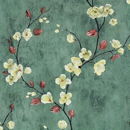 Papel Pared Autoadhesivo Flores Verde,44.5 x 400cm Papel Autoadhesivo para Muebles Flores Beige y Verde Papel Pintado Hojas Plantas Papel Adhesivo para Baño,Sala de Estar, Dormitorio,Cocina,Salón