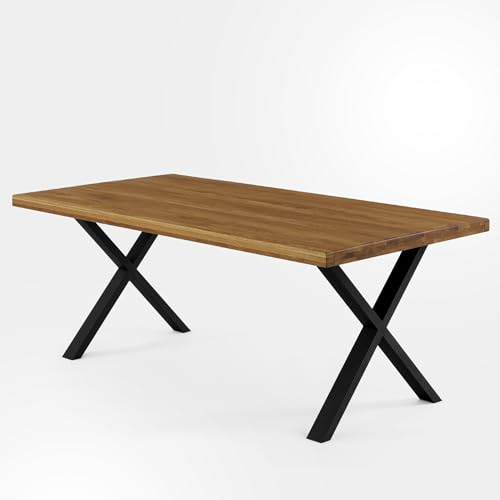 IKULLS - Mesa Comedor Madera Roble Macizo | 220x100 cm | Mesa Oficina y Mesa Despacho | Mesa Cocina Industrial | Rectangular, Color Ambar, Patas Acero Forma de X Negro Mate, Canto Recto