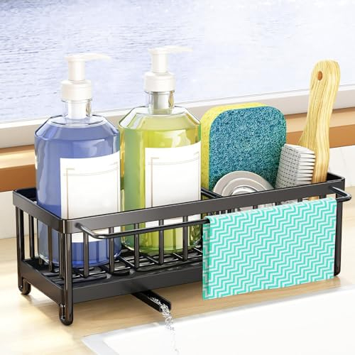 FTISSLY Soporte Esponja Fregadero Organizador Fregadero Acero Inoxidable Porta Estropajos Fregadero con Bandeja De Goteo Extraíble Organizador de Lavado Organizador Sink para Cocina + Gancho Adhesivo