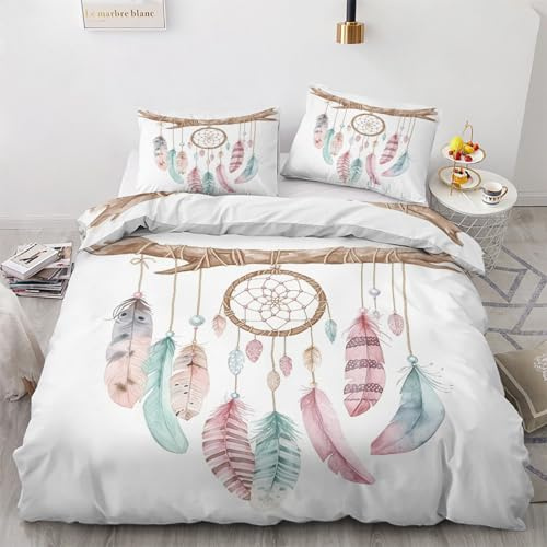 GEDAEUBA Traumfänger Bettwäsche 140x200 - Mädchen Federn Motiv Bettbezug 140x200 2er Set, Wendebettwäsche und Kissenbezug 70x90, Weiche & Angenehme Mikrofaser Bettwäsche-Sets mit Reißverschluss