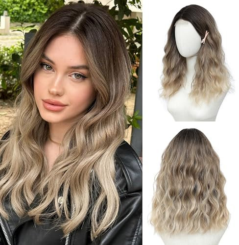 BUPPLER Ombre Blond Perücke 45,72 cm Mittellange Welle Perücke für Frauen Mittelscheitel Synthetisches Haar, Natürliche Perücke für Alltag Party/Halloween