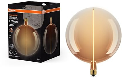 Osram Vintage 1906 Big Globe ist eine dimmbare, dekorative Lampe mit LED-Glüwendel-Magnet-Technologie. Sie bietet 4.8 W für 200 lm, E27 Fassung, Tea Brown Glas, 200 mm Durchmesser, CRI 80.
