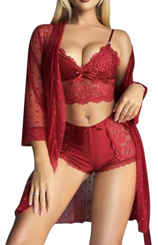 RSLOVE Ensemble de Lingerie Féminine Sexy - sous-vêtements en Dentelle Nuisette Femme Nuit 3 pièces avec Robe Vine Rouge S