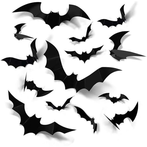 Halloween 3D Bats Decoration en 4 Tailles, Horreur Bat Stickers Muraux avec de Colle, Autocollants de Chauve-Souris Halloween pour les Décorations D'Halloween, Fêtes Dans Maisons Hantées (60)