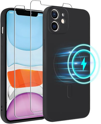 Votvloay Magnética para Funda Apple iPhone 11 6,1 Compatible con MagSafe,con 2 Piezas Cristal Templado, Carcasa Silicona Líquida con Tapete de Microfibra Anti-Rasguño Case Cover pour iPhone 11, Negro