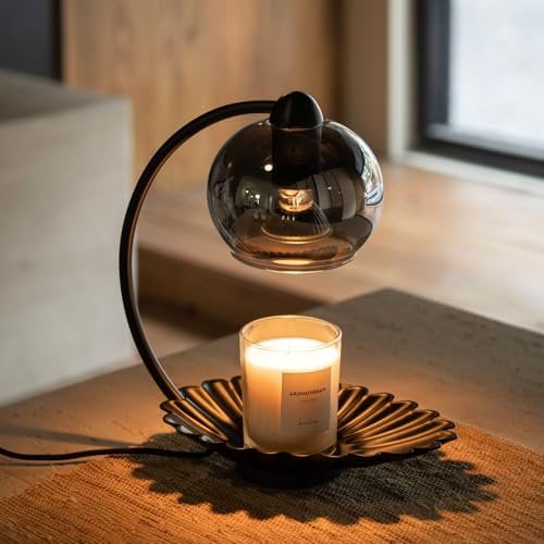 Candle Warmer Lamp with Timer and Stepless Dimmable Electric Warmer Lamp for Jar Candles, Modern Black Wax Melt with Glass Shade and 2 Bulbs,