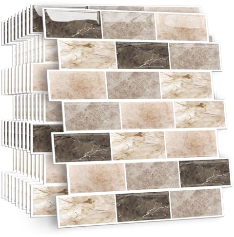 HPNIUB Braun 10 Stück Klebefliesen Küche Kachelaufkleber Fliesenaufkleber Küchenrückwand Fliesen Metro Fliesen Wandfliesen Selbstklebend Weiß Bad Küche Keramikfliesen 30 x 30cm