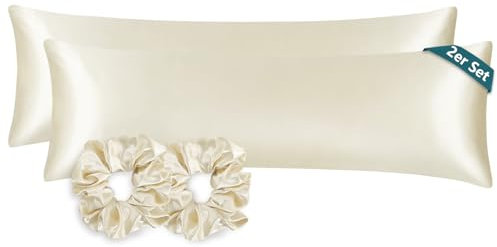 RUIKASI Satin Kissenbezug 40x145 Beige - Seitenschläferkissen Bezug 40 x 145 2er Set mit Reißverschluss wie Seidenkissenbezug mit 2 Haargummis,Kopfkissenbezug 145x40 für Seitenschläfer Kissen