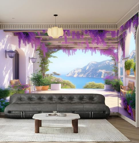 JEDTAKCT Papier Peint Panoramique Couloir Wisteria 260X175Cm Poster Geant Mural 3D, Tapisserie Photo Peinture Murale, Papier Peint Vue Sur L'Océan Fresque Pour Salon Chambre Toile Fond Tv