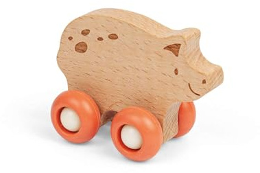 Bigjigs Toys Farm Animal on Wheels Pig, Wooden Mini Push Along Toy