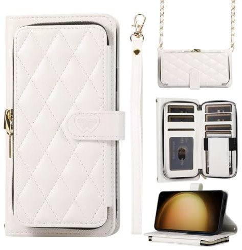 WOWUDI für Huawei P10 Lite Hülle mit Band Klappbar,Leder Klapphülle Handykette Flip 9-Karten Schutzhülle Magnet Aesthetic Handy Hülle mit Kette Umhängen - Weiß