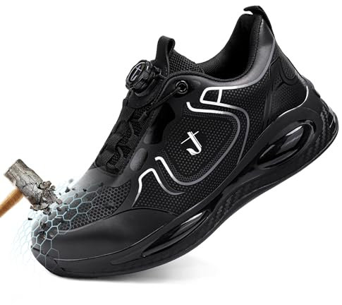 TIAROOTT Arbeitsschuhe Herren Sicherheitsschuhe Damen Leicht Trends Drehknopf Sportliche Luftkissen Turnschuhe Atmungsaktiv Stahlkappenschuhe Bequeme Dachdeckerschuhe Kochschuhe, Schwarz,Gr.42