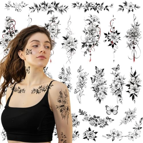 CHARLENT Große temporäre Blumen-Tattoos für Frauen – 28 Stück sexy schwarze Blumen-Rosen-Fake-Tattoos für Frauen, Körperkunst, Arme, Brust, Beine, Schultern, Bauch