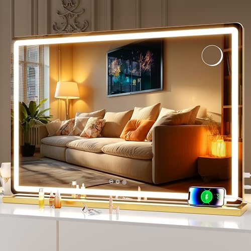 Hasipu Vanity Mirror with Lights, 80 x 50cm LED Makeup Mirror, Lighted Makeup Mirrors with Dimmable 3 Modes, Touch Screen Control Vanity Mirrors Round Gold