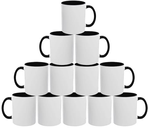 Sublimation Mugs 11oz Blank with Coloured Handle & Inner | Durable, Ceramic Mugs Perfect for Custom & DIY Printing, Gifts for Loved Ones | Available in Multiple Colour & Packs | Black Pack of 12