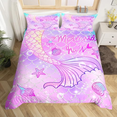 Homemissing Meerjungfrau Bettwäsche Set 135x200cm Für Kinder Mädchen Regenbogen Lila Meerjungfrau Schwanz Bettbezug Set Niedliche Sterne Bettbezug Fisch Waage Dekor