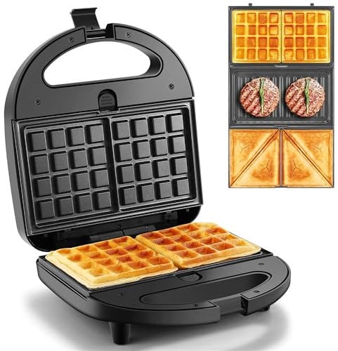 YASHE Sandwich Toaster 3-in-1,Waffle Maker & Panini Press,750W Powerful Heating, Interchangeable Removable Non-Stick Plates for Easy Cleaning