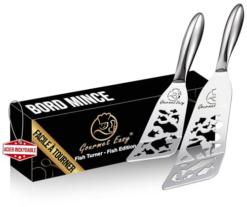 Stainless Steel Fish Spatula Set – Funky Fish Edition, 1 Large Fish Turner + 1 Small Metal Spatula, Ultra-Thin Edge for Easy Turning & Flipping, Ergonomic Non-Slip Handle, Dishwasher Safe