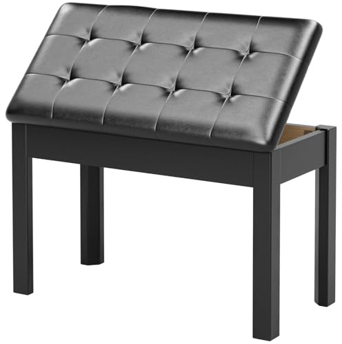 JOINATRE Duet Piano Bench with Hidden Storage, Padded Keyboard Bench for Pianist, Heavy-Duty Seat Stool for Sheet Music Organization, Black, Solid Wood
