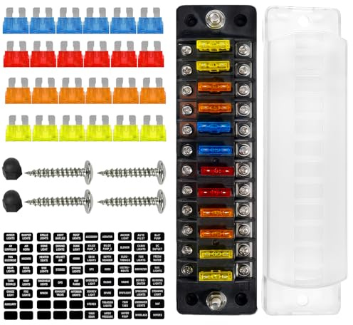 Kfz Sicherungshalter 12V, 12 Fach Sicherungskasten ATC/ATO mit wasserdichtem Deckel, negativen Bus, ohne LED, für Auto Boot Wohnwagen LKW SUV (12 Wege)
