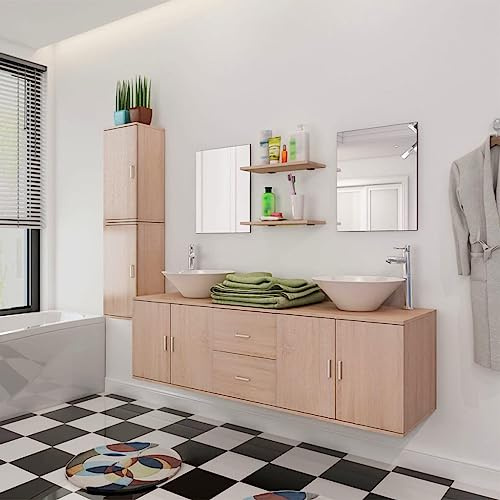 ULUYYUC 9tlg. Badezimmerschrank Set Beige 150x45x45 cm Holz Doppelwaschbecken Keramik Doppelspiegel Wandregal