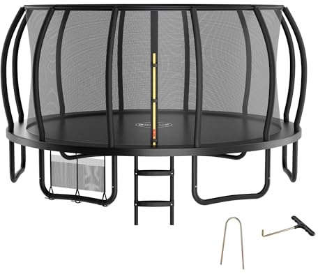 Zelsius Trampolin Schwarz Ø 427 cm für den Outdoor-Bereich | Trampolin Outdoor für maximal 150 kg, Gartentrampolin mit Sicherheitsnetz, Leiter und Schuhbeutel | Trampolin für Sport und Freizeit