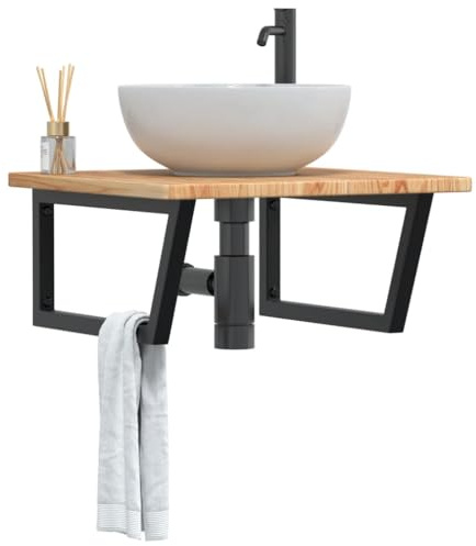 Fangmaliuyun Waschtischplatte 60x60 aus massiver Eiche mit schwarzen Stahlhaken Modernes Design Robust & Langlebig für Badezimmer Gäste WC und Flur