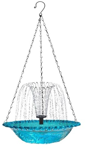 Bagno interattivo per uccelli, fontana solare sospesa, fontana da bagno 23,5 x 23,5 cm con catena in ferro, fontana d'acqua compatta in polipropilene, fontana per uccelli con stile sospeso, doccia per
