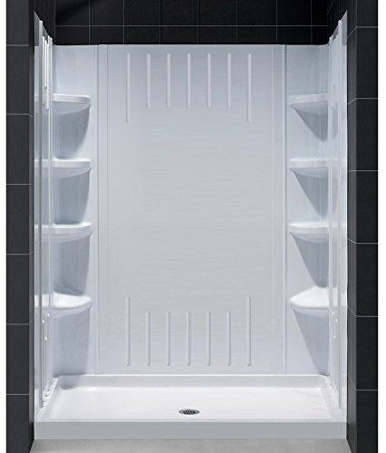 DreamLine 32 in. D x 60 in. W x 75 5/8 in. H Center Drain Acrylic Shower Base and QWALL-3 Backwall Kit In White, DL-6146C-01