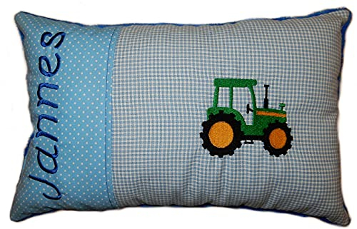 Momelie Blaues Schmusekissen * Kuschelkissen * grüner Traktor * mit Namen Bestickt * ca. 25 * 40 cm groß * SK-bl_0082