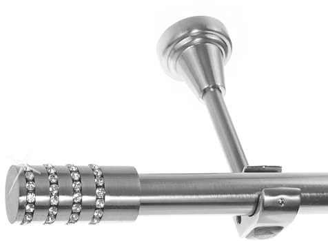 BASIT Gardinenstange Edelstahllook 20mm 1-läufig Wand 200cm lang H50R | Gardinenstangenset einläufig Wandmontage Metall Vorhangstange Wandhalterung 120-600cm wählbar Kappe mit Kristall E39