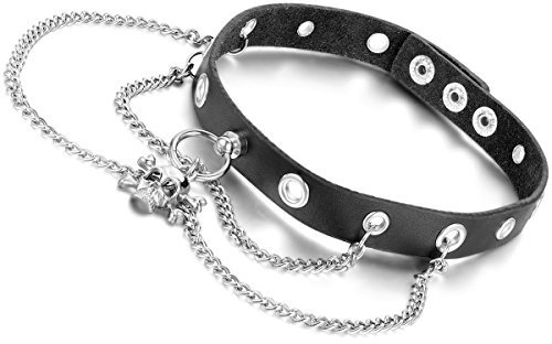 Flongo Choker Tattoo Kette Lederhalsband Damen Herren Halskette Gotik Halsband Schmuck Schwarz Silber Totenkopf Schädel Kette Ring Einstellbar Verstellbaren Punk Rock