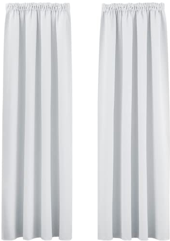 PONY DANCE Wohnzimmer Gardinen mit Kräuselband 2er Set H 245 x B 140 cm Grau-weiß, Vorhang Blickdicht Schiene Thermogardinen Hitzeschutz Verdunklungsvorhänge Thermal Curtain