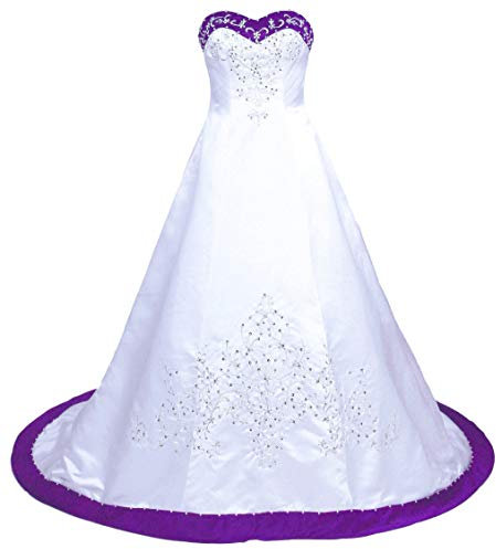 Vantexi Femme Ancien Chérie Broderie Satin Robes de mariée Vêtements de mariée Blanc & Violet Taille 40