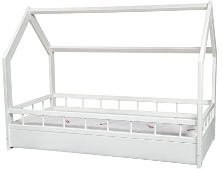 Kinderbett mit Matratze STANDARD Hausbett Einzelbett mit Rausfallschutz 160x80cm (Farbe: weiß)