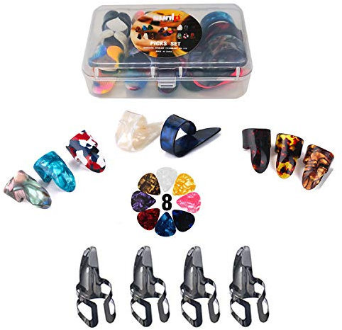 SUNLP Daumen-Plektrum mit Kunststoff-Plektren, Edelstahl, Metall, Zelluloid, Gitarrenplektren und 8 Stück 0,46 mm Gitarrenplektren für Mandoline, Banjo, Harfe, Daumen-Fingerplektren